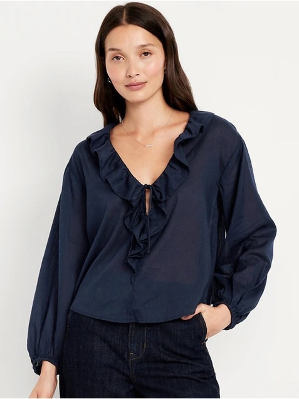 NWT Old Navy Navy Ruffle Tie Front V-Neck Blouse Size M 100% Cotton Cottagecore
